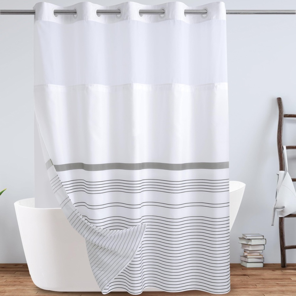 NEW Fabric Shower Curtain, Mesh Window Hook Free Removable Liner 71โ W x 84โ H